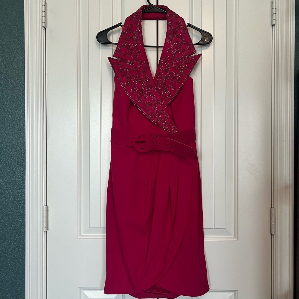 Pink Beaded Dress AJ Bari Vintage Halter Top Belt Barbiecore Size 8